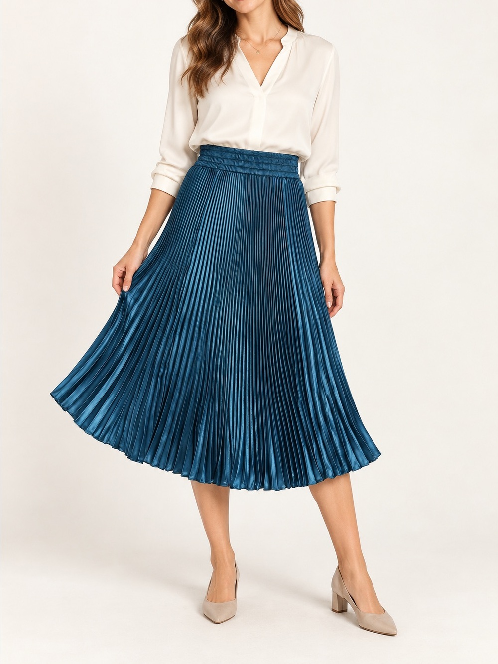 Teal Silky Accordion Pleated Midi Skirt Stretch